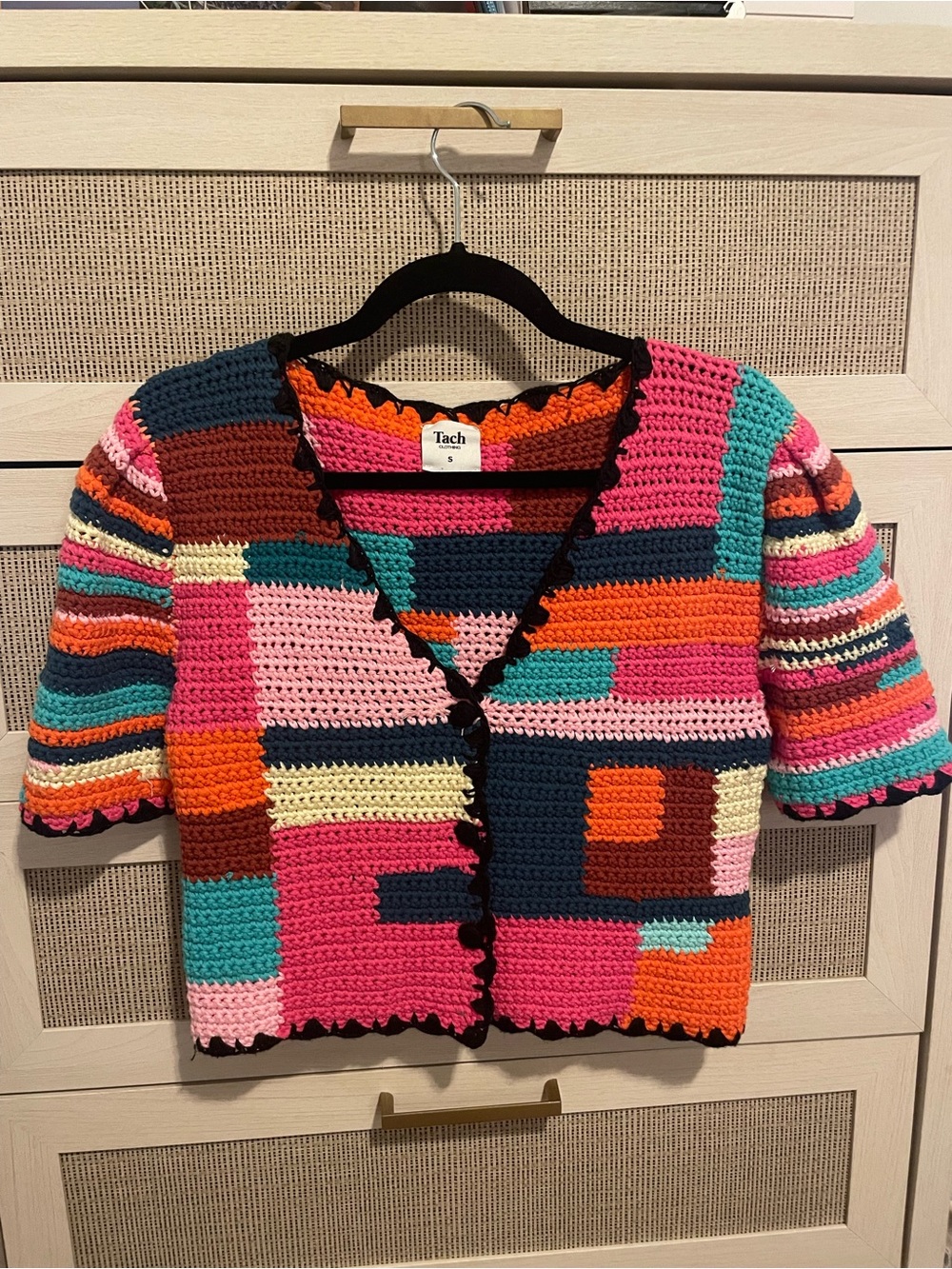 TACH Multicolor Patchwork Crochet Cardigan - Pink, Teal, Orange, Navy